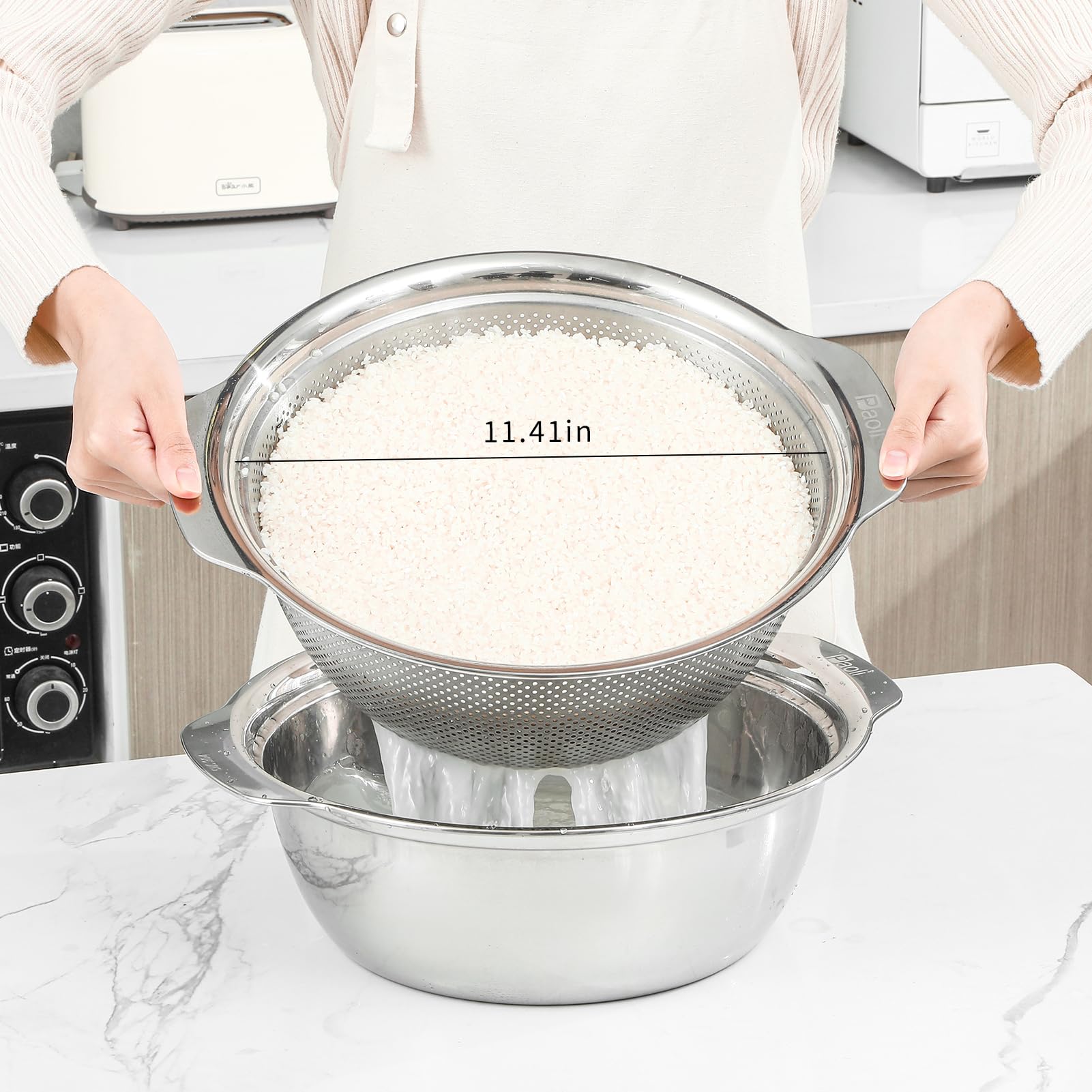 Paoli colador con mango ergonómico para escurrir granos y pasta sin goteo.