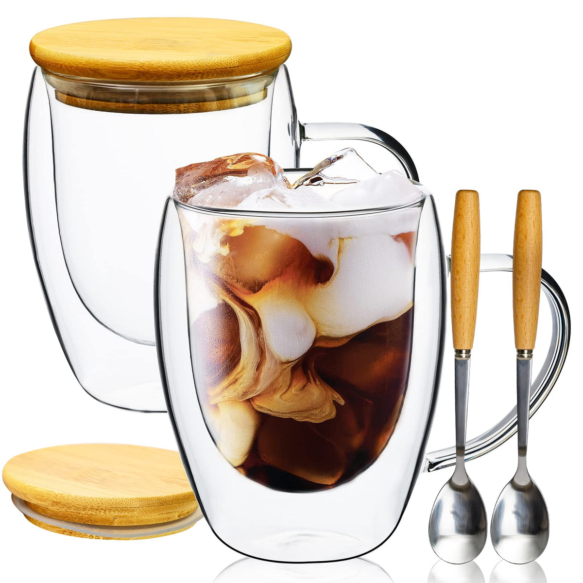 PARACITY taza de vidrio doble pared 12 oz con tapa de bambú mantiene caliente