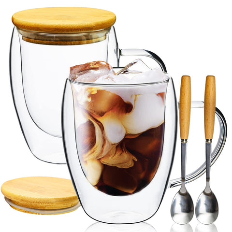 PARACITY taza de vidrio doble pared 12 oz con tapa de bambú mantiene caliente