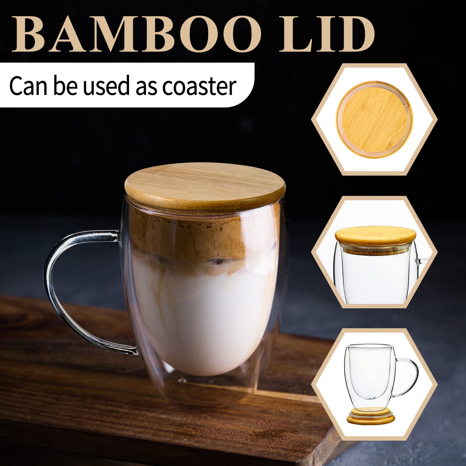 PARACITY taza de vidrio doble pared con cuchara de bambú para mezclar
