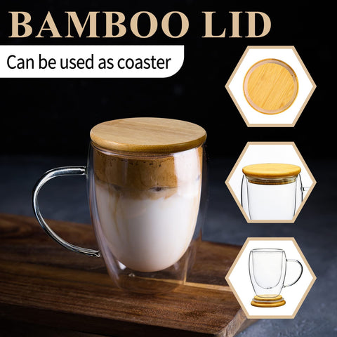 PARACITY taza de vidrio doble pared con cuchara de bambú para mezclar