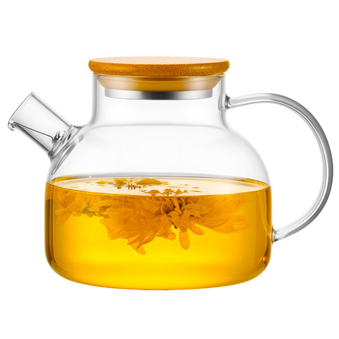 PARACITY tetera de vidrio borosilicato con tapa de bambú, apta para hervir en estufa.
