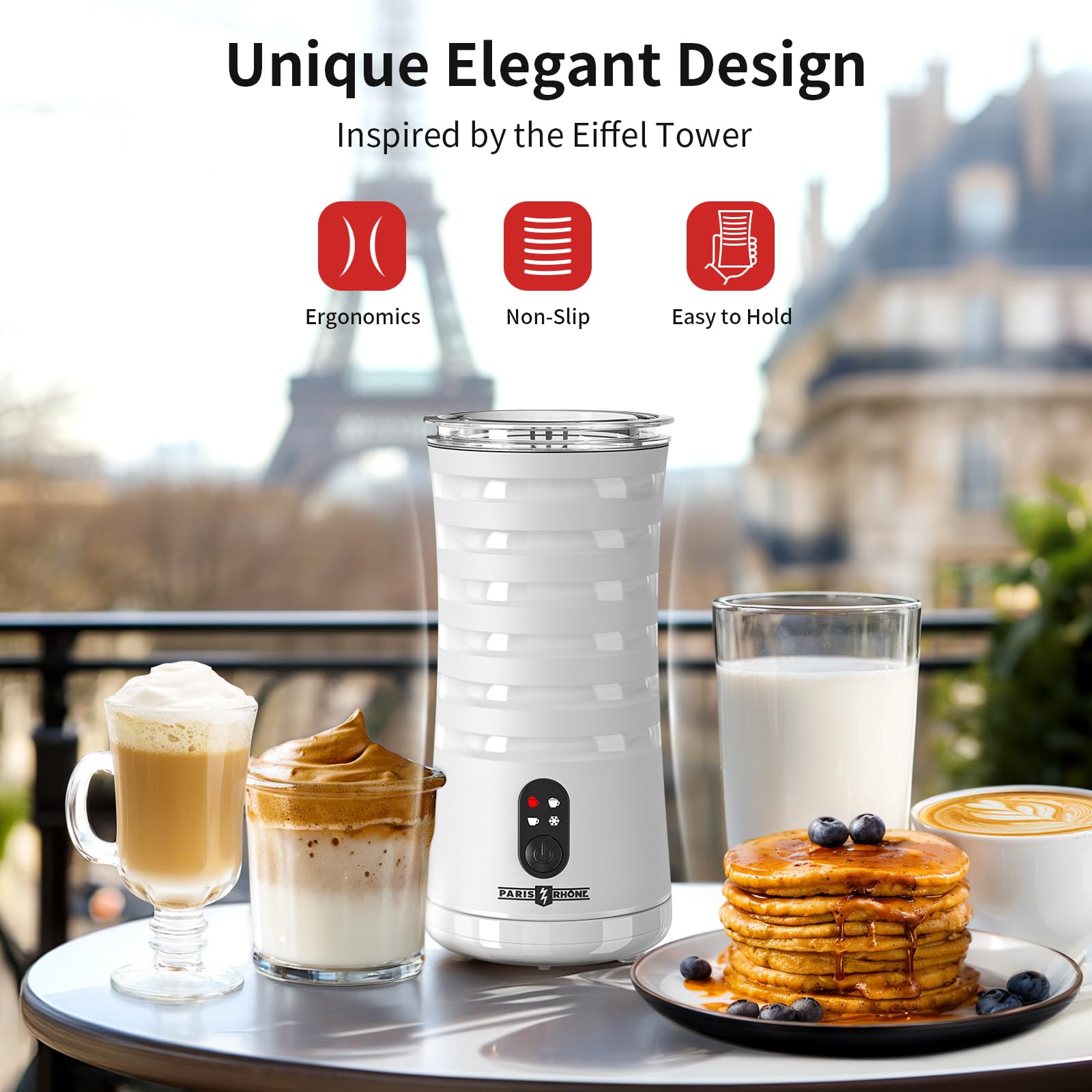 París Rhône, niveles de espuma 4, personaliza la textura de la leche.