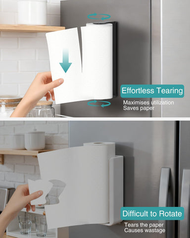 PAROTO porta-papel magnético negro mate instalado sin taladro para cocinas modernas.