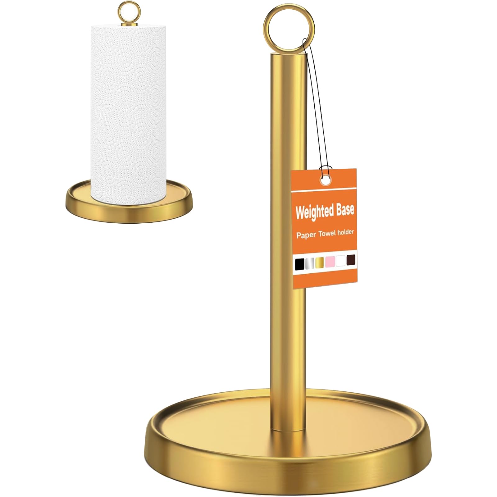 PAROTO porta-rollos dorado en encimera aporta estilo y acceso rápido al papel.