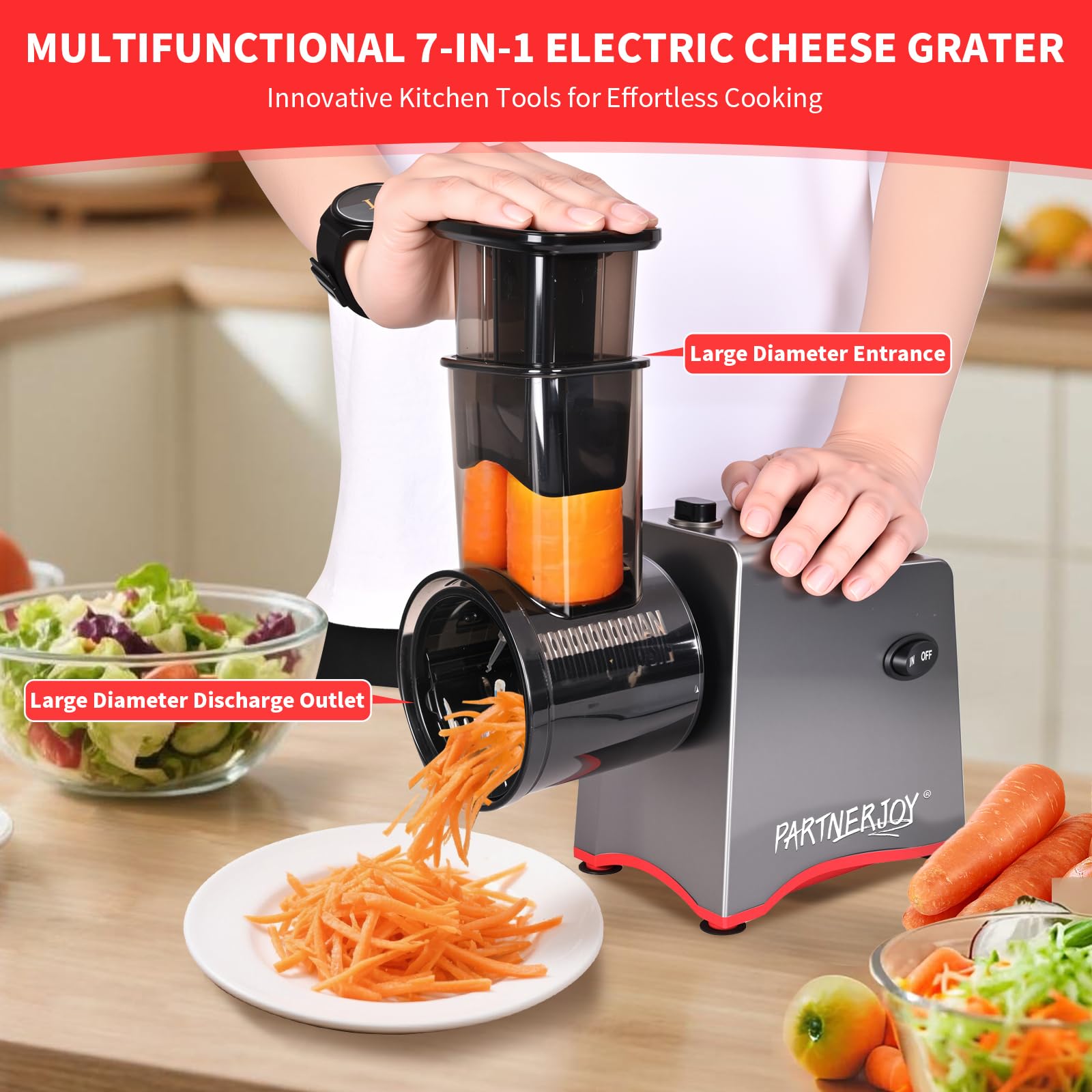 PARTNERJOY Queso rallador eléctrico con conos intercambiables para múltiples cortes.