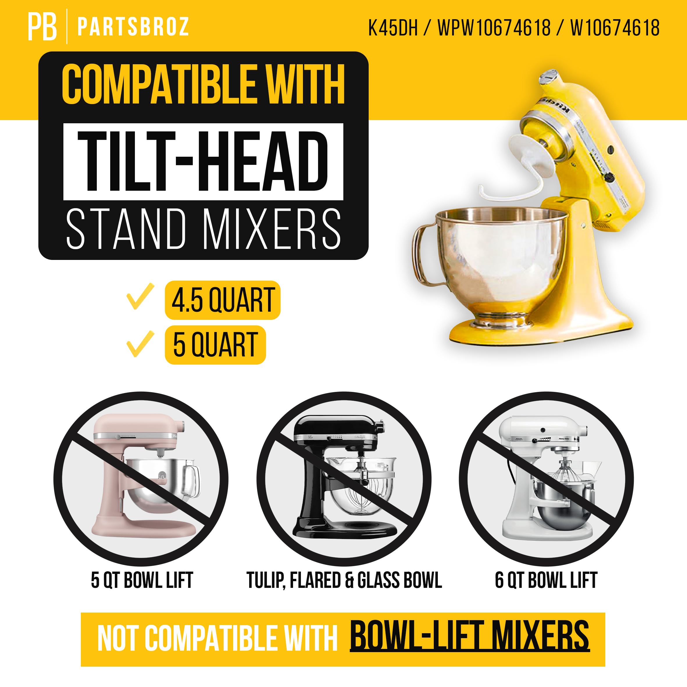 PartsBroz K45DH: gancho de masa compatible con KitchenAid para repuestos fiables.