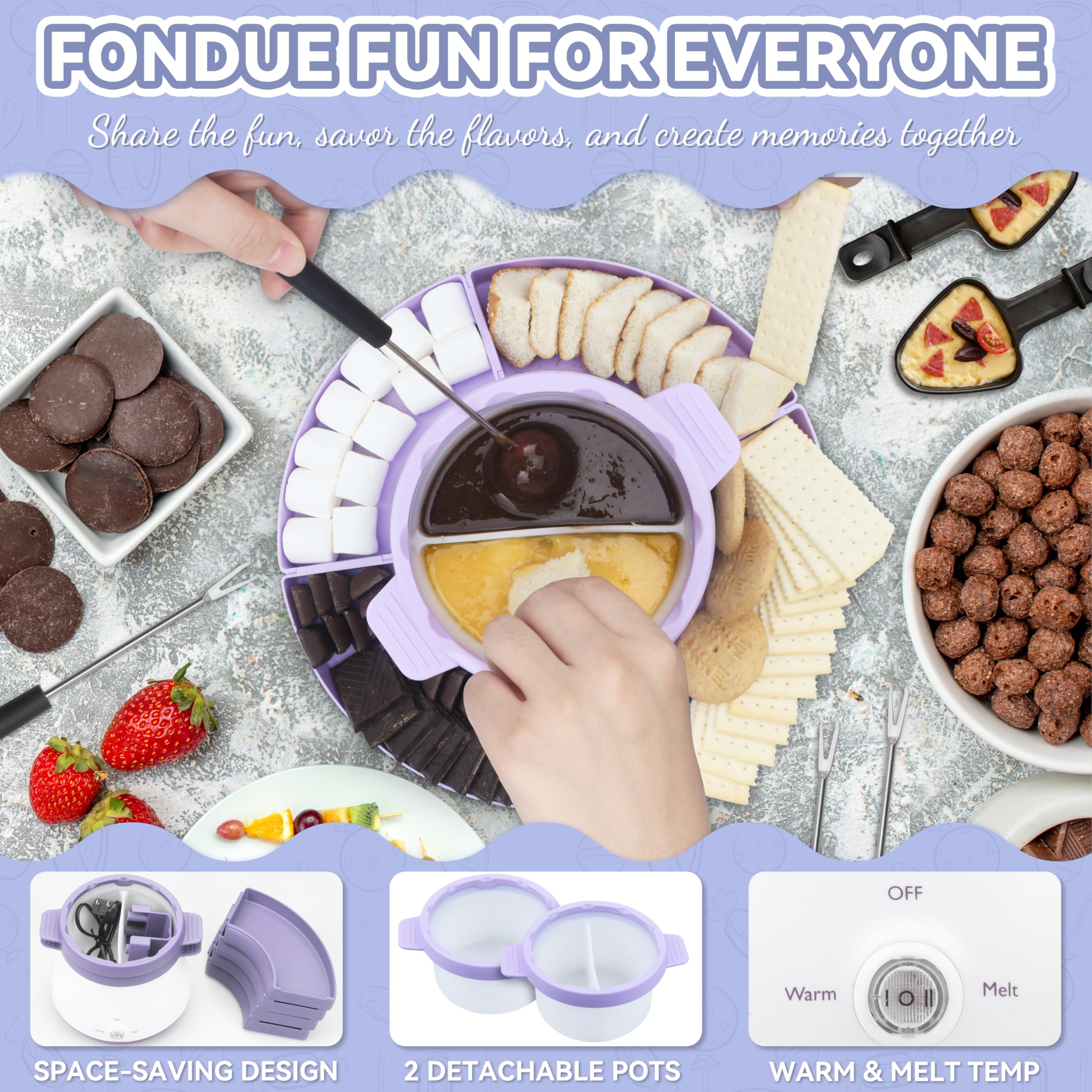 Control de temperatura ajustable en fondue Party Desserts para derretir chocolate al punto