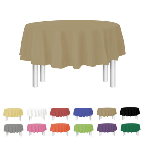 Mantel dorado de Party Dimensions para mesa redonda de 84 pulgadas, ideal para fiestas.