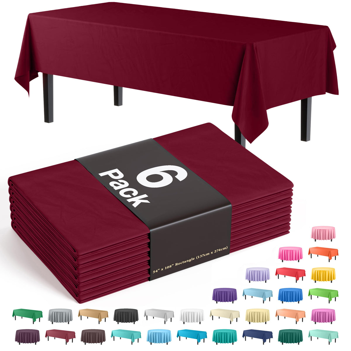 Mantel plástico burdeos Party Solids de 54x108, ideal para cubrir mesas grandes.