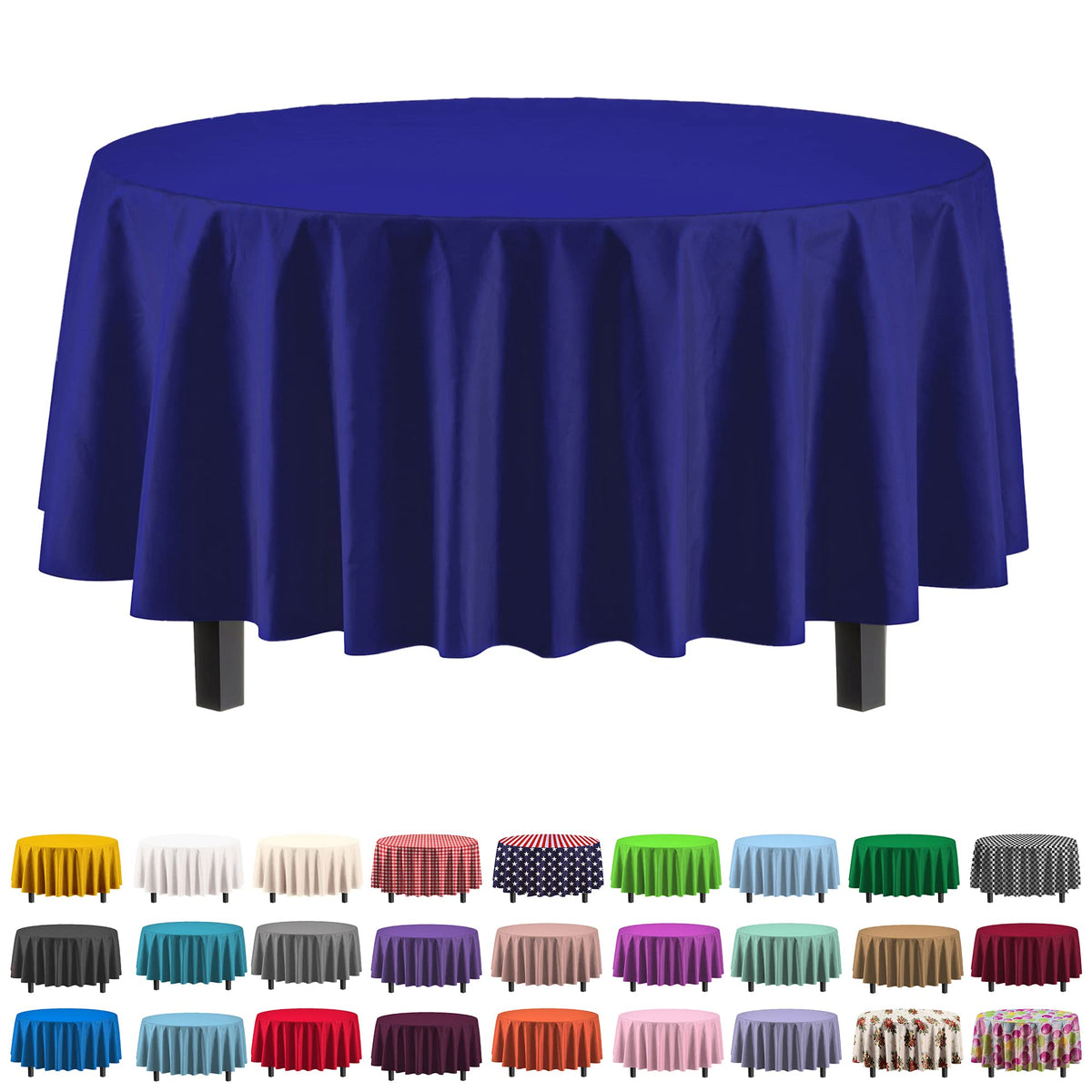 Mantel plástico redondo Party Solids azul marino para protección y presentación elegante de la mesa.