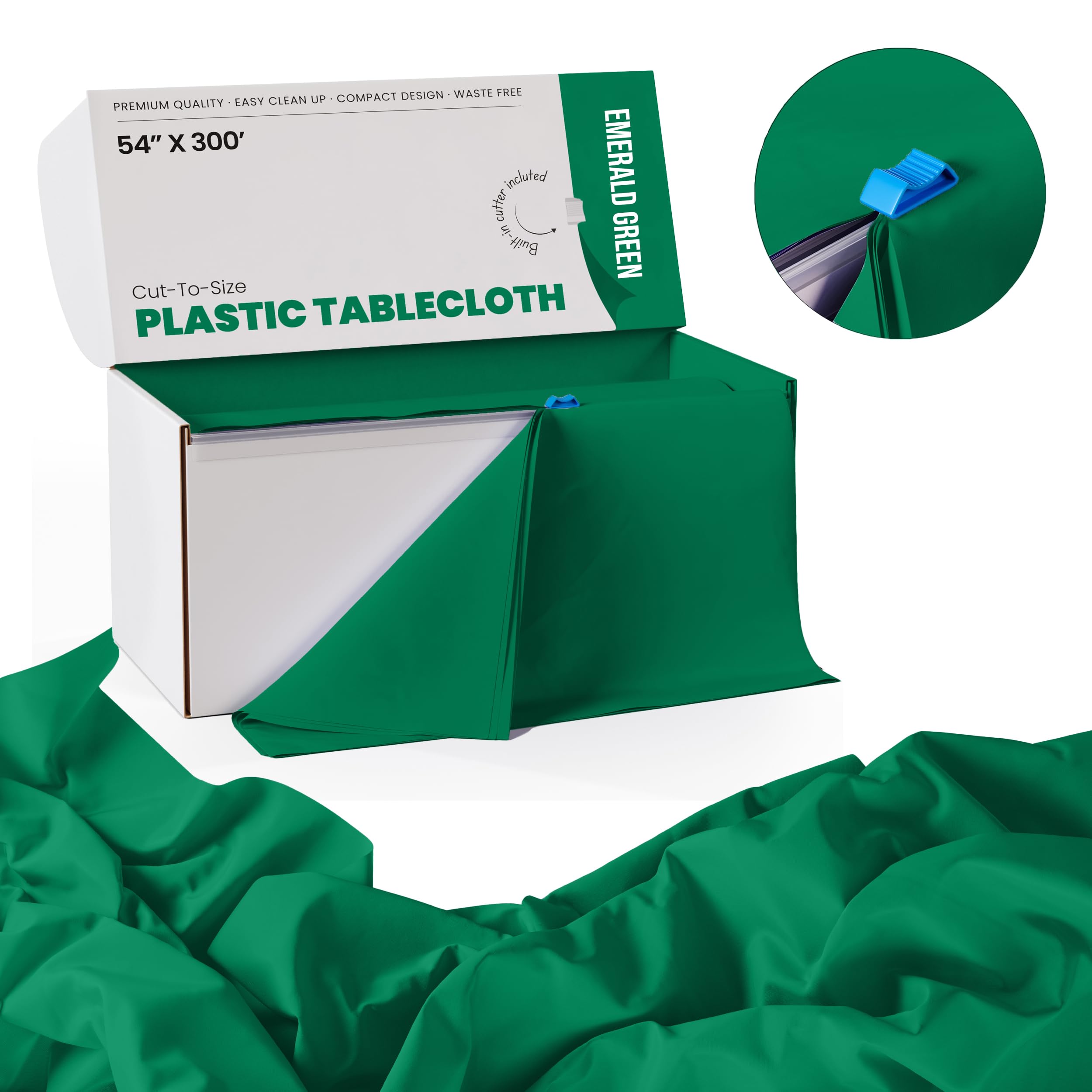 Mantel verde esmeralda con cortador integrado para rapidez y precisión.