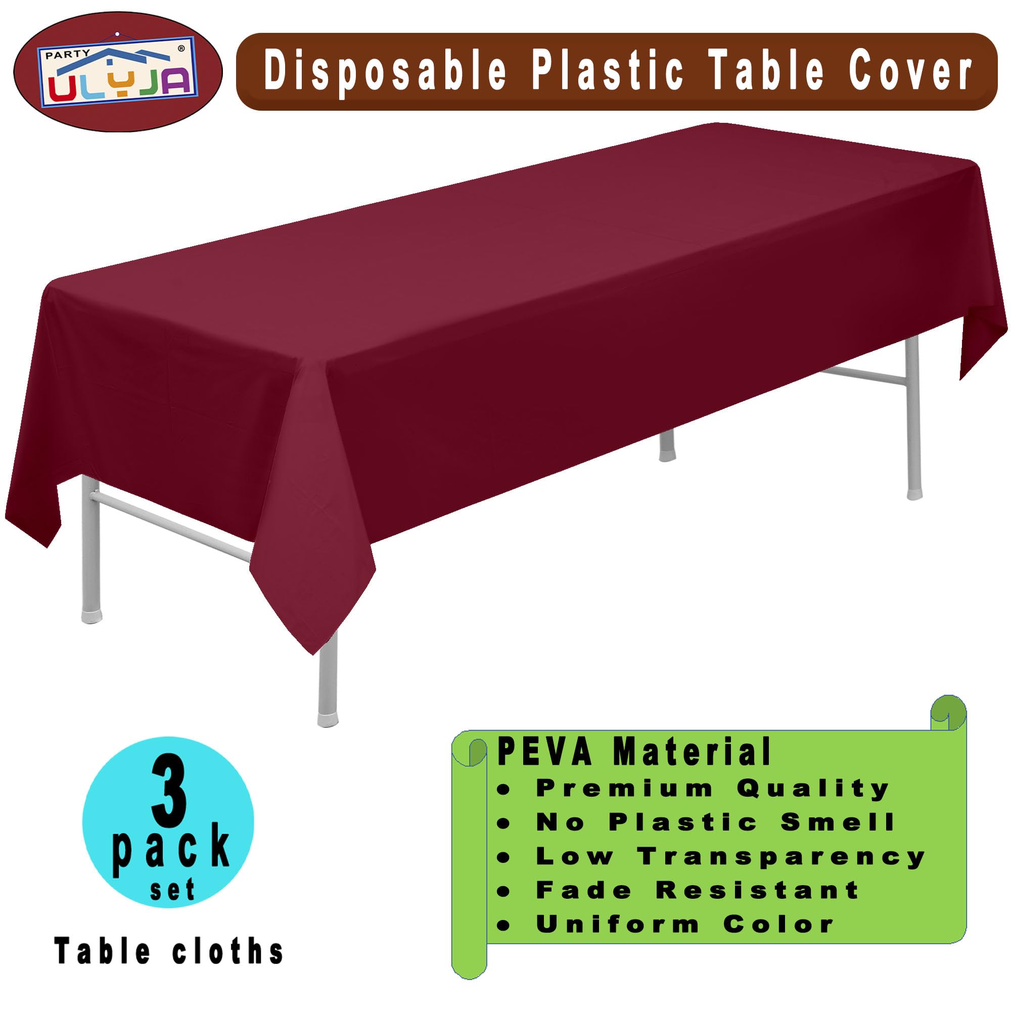 PARTY ULYJA mantel plástico bordó, paquete de tres para mesas, ideal para fiestas.