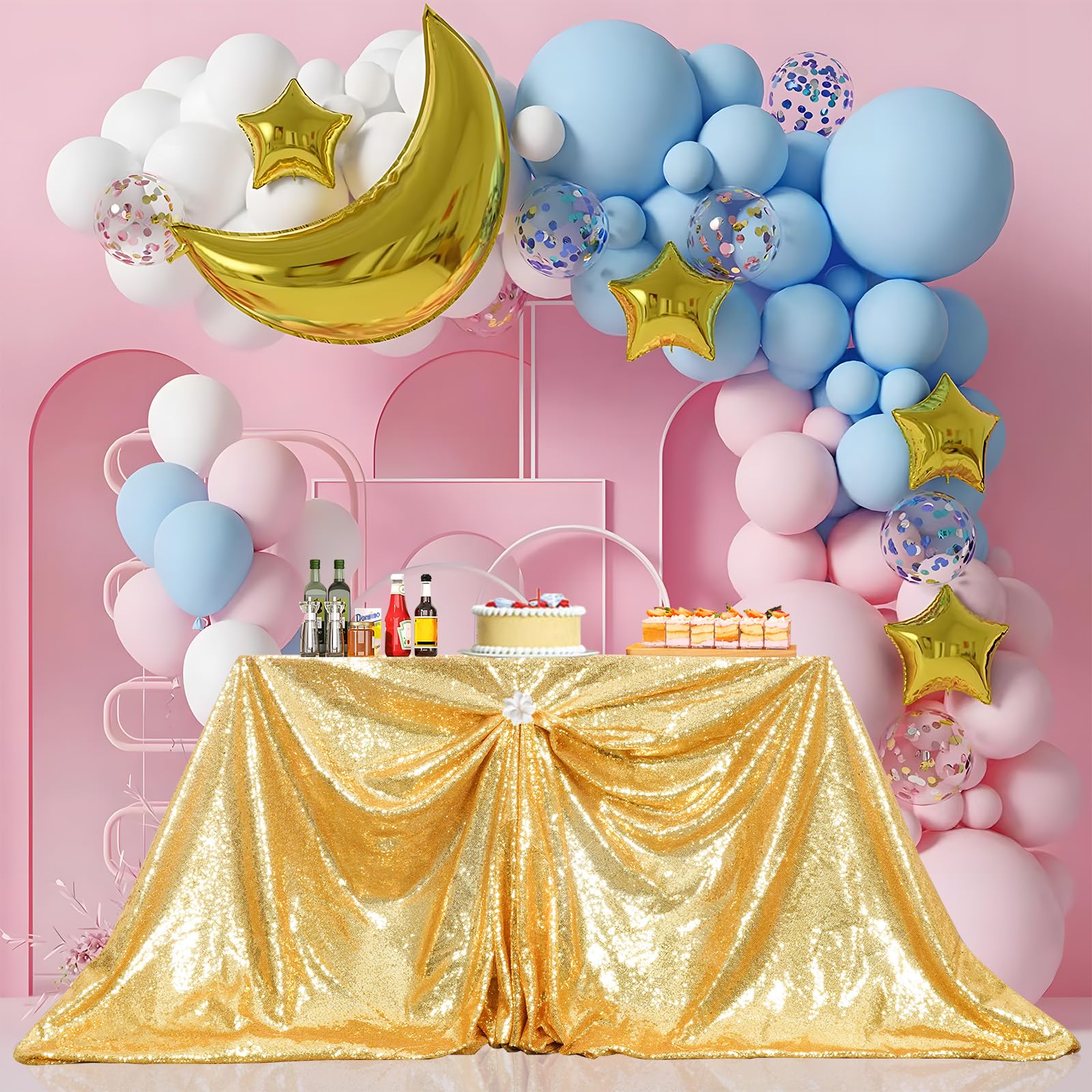 Vista de conjunto: mantel dorado PartyDelight en mesa de recepción