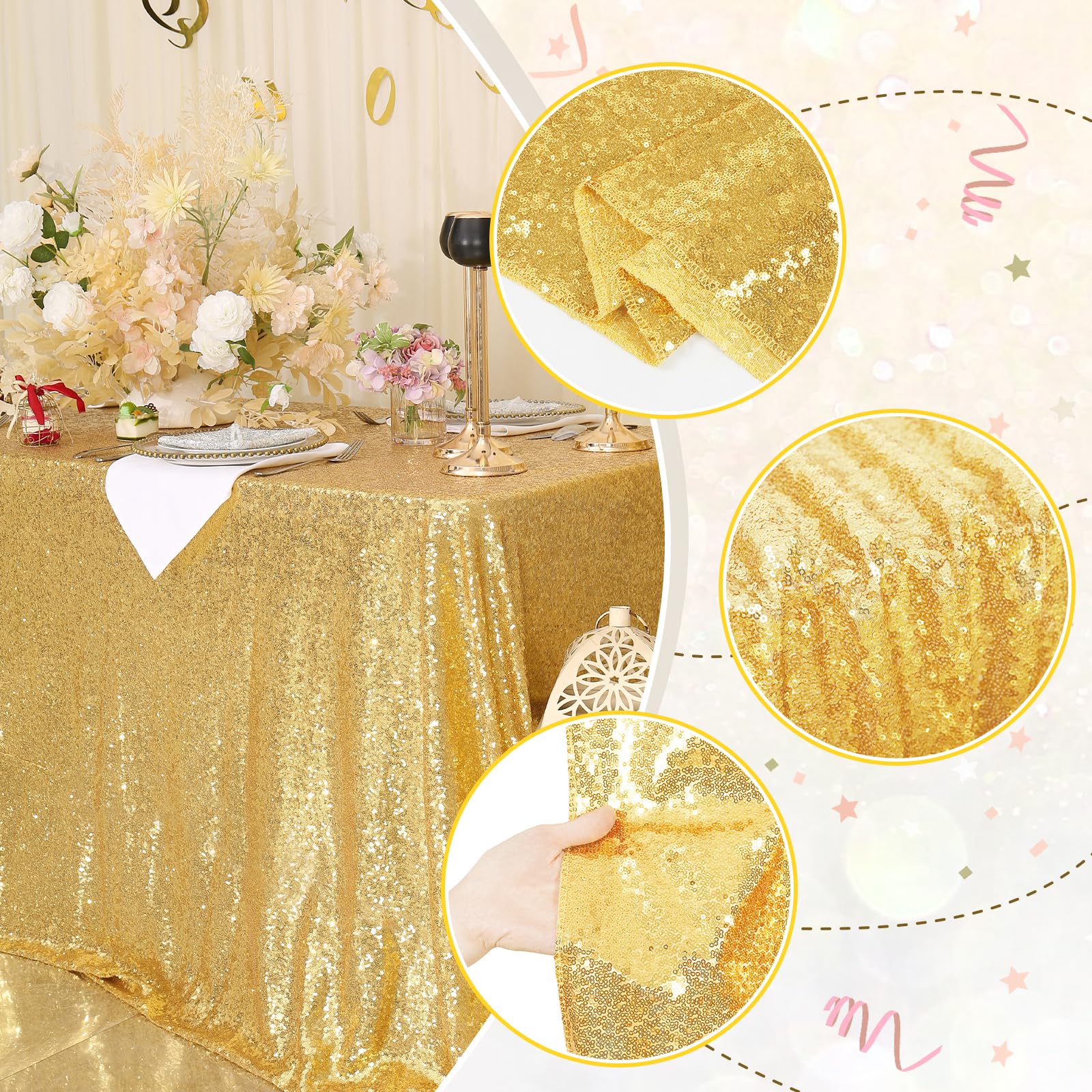 Detalle de lentejuelas doradas brillantes en mantel PartyDelight para bodas