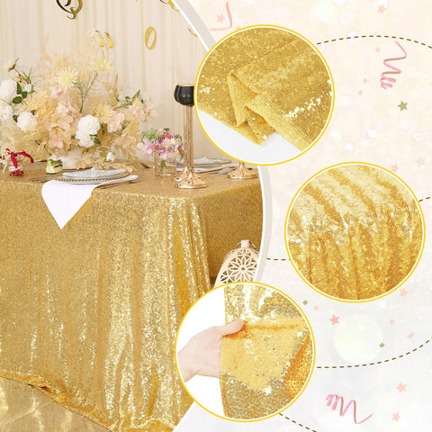 Detalle de lentejuelas doradas brillantes en mantel PartyDelight para bodas