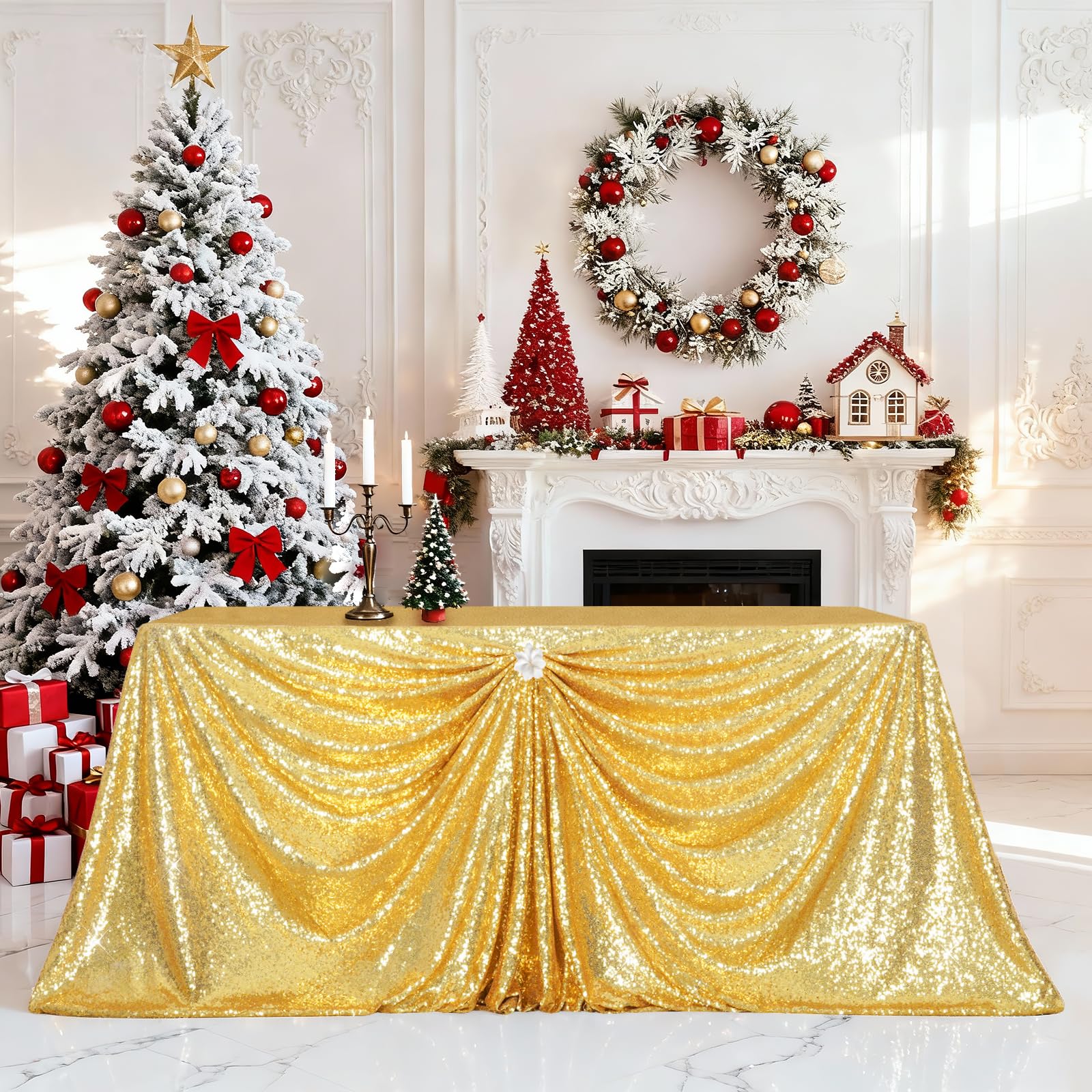 Mantel PartyDelight con lentejuelas doradas en primer plano para un aspecto elegante