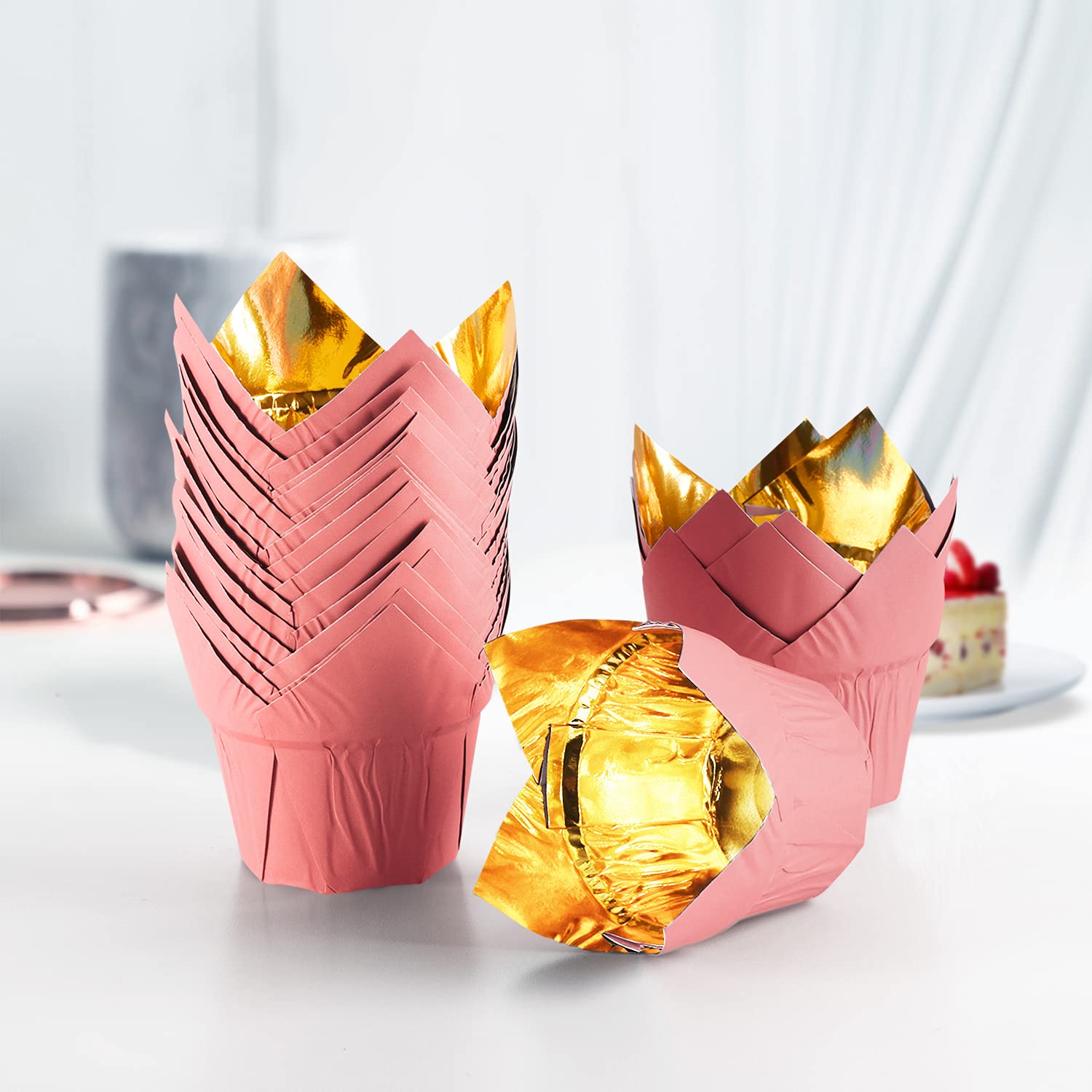 Forros Tulip Dorado PartyHippo Rosado, antiadherentes para hornear con limpieza.