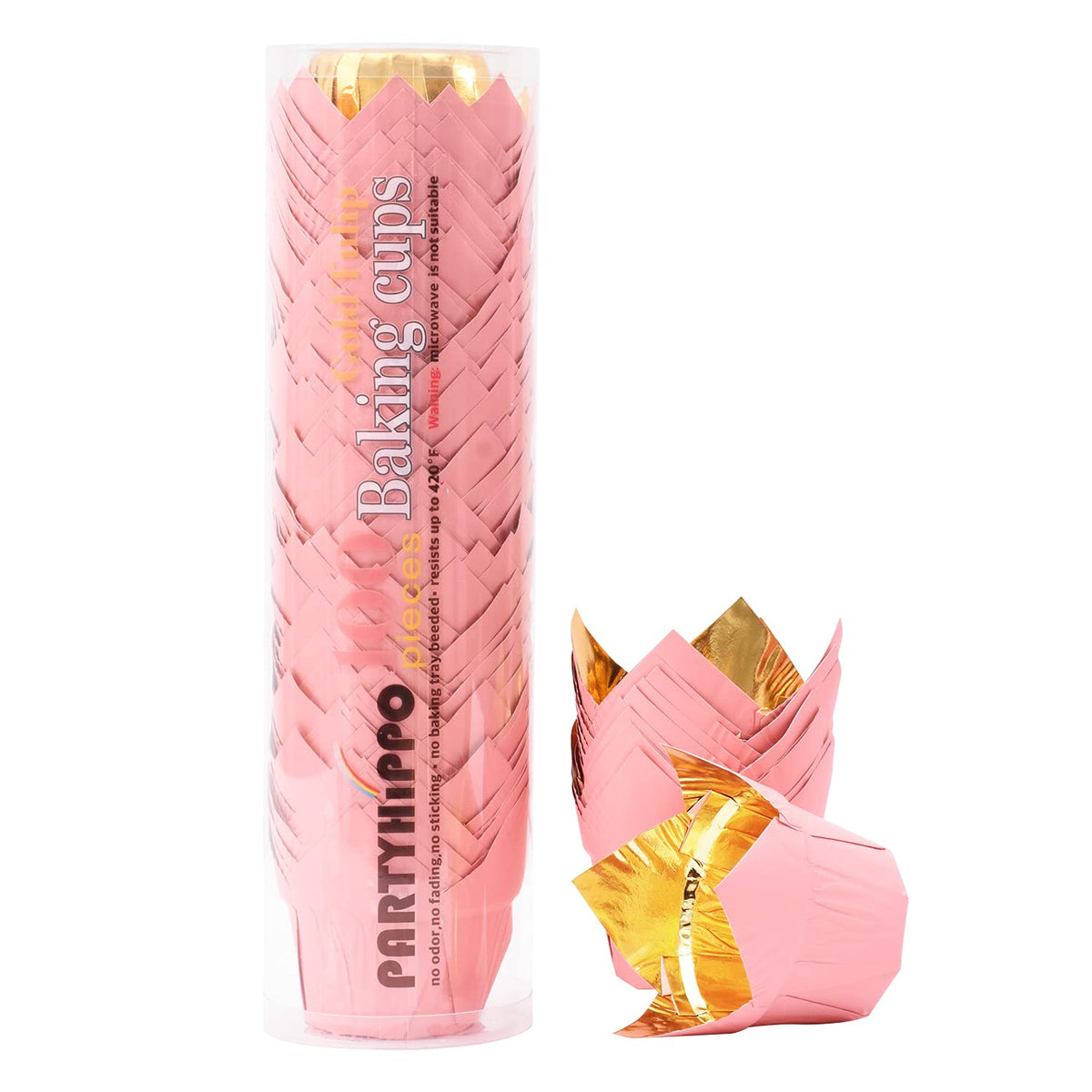 Forros PartyHippo Tulip Dorado Rosado para magdalenas, ideales para bodas.
