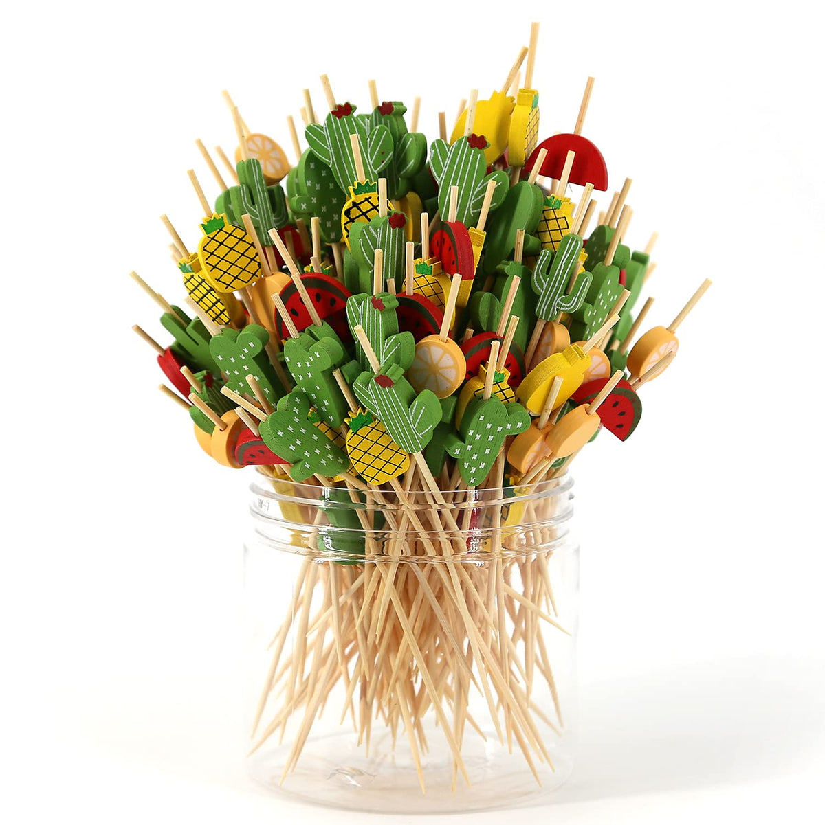 Palillos PARTYHIPPO de bambú decoran frutas tropicales en coctel