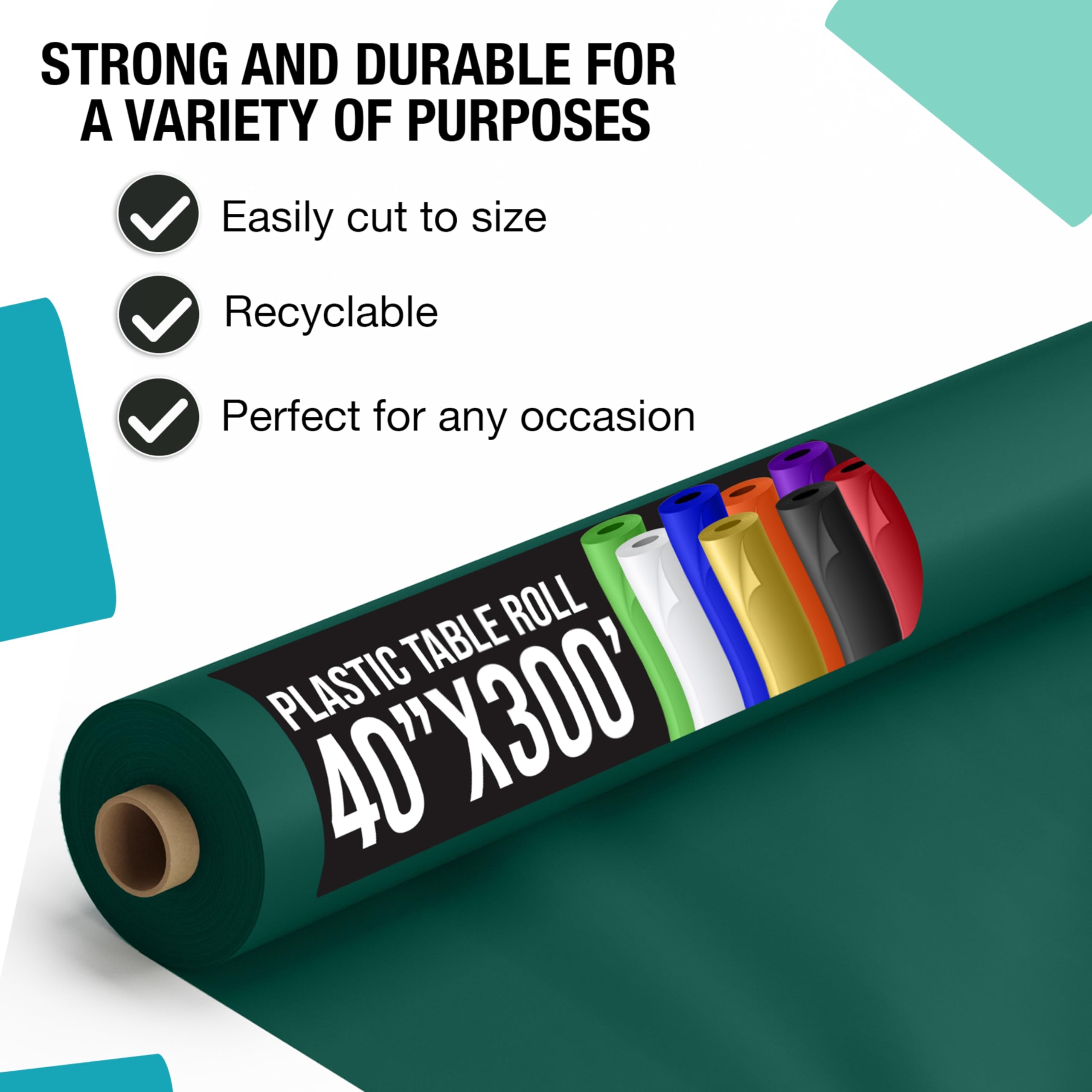 Rollo mantel plástico verde oscuro Party Solids, solución desechable para eventos.