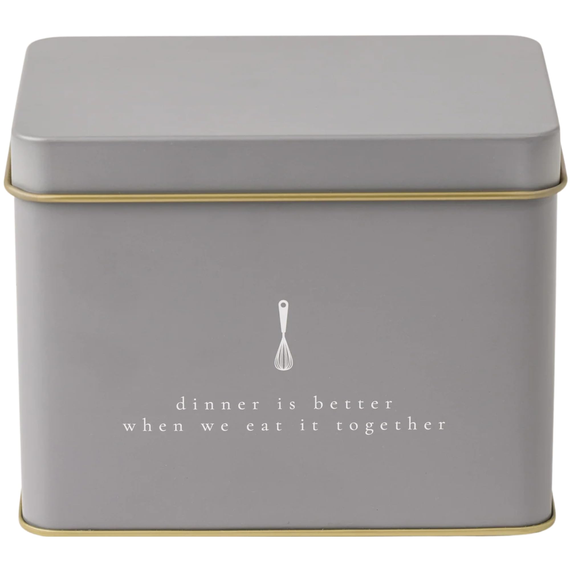 Passionate Penny Pincher Lata de Recetas Gris, interior dorado, ideal para organizar recetas.