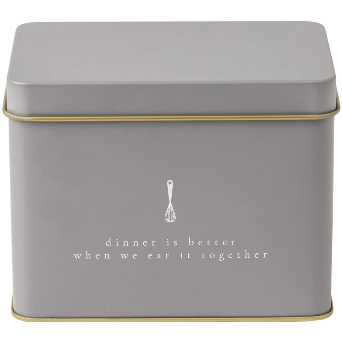 Passionate Penny Pincher Lata de Recetas Gris, interior dorado, ideal para organizar recetas.