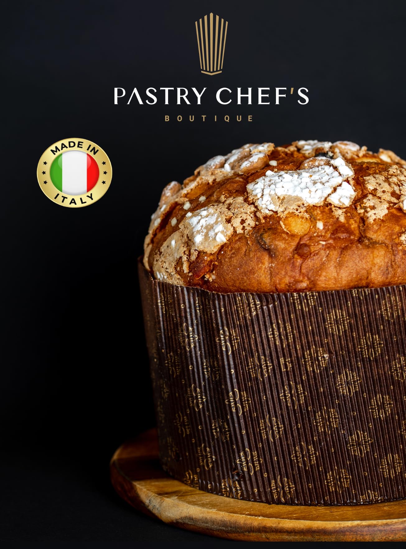Pastry Chef's Boutique: diseño italiano dorado-marrón para una presentación elegante.