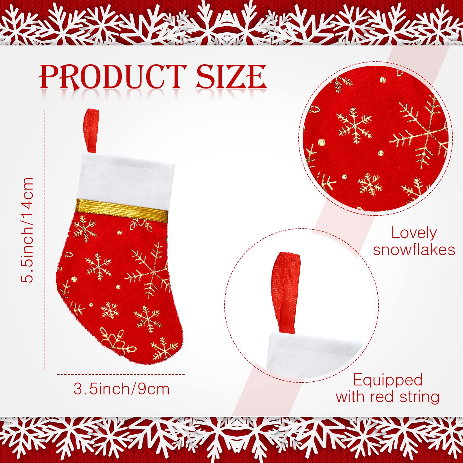 Calcetines navideños mini Patelai con copos de nieve dorados para mesa elegante.
