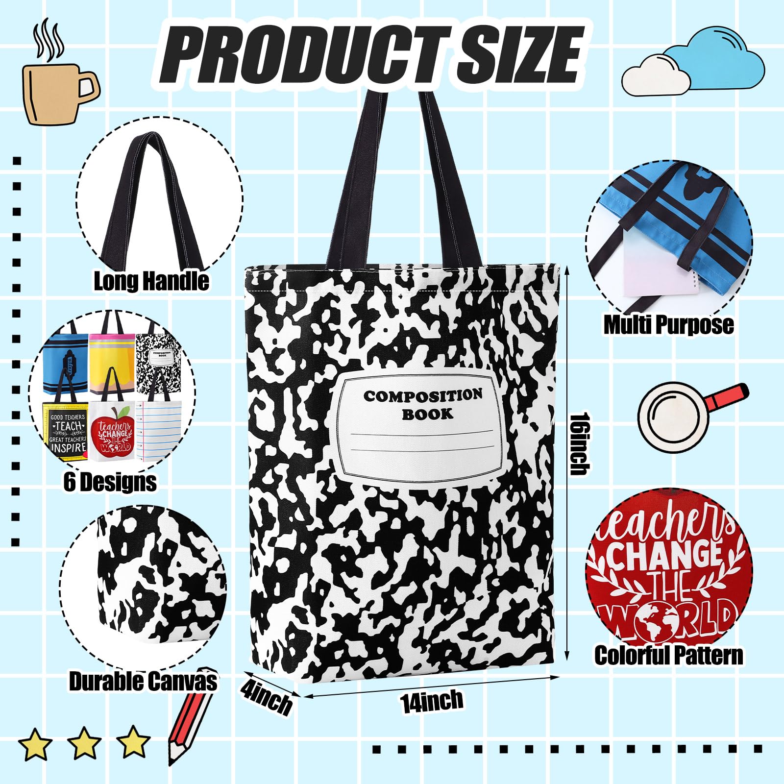 Paterr tote de lona con lapices, perfecta para la clase y el día a día.