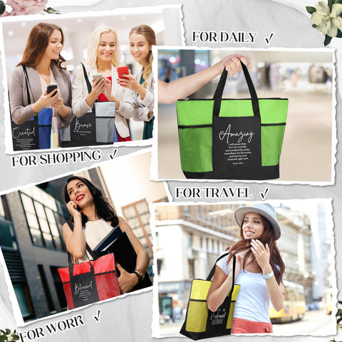 Paterr tote con bolsillos de malla laterales para objetos pequeños.