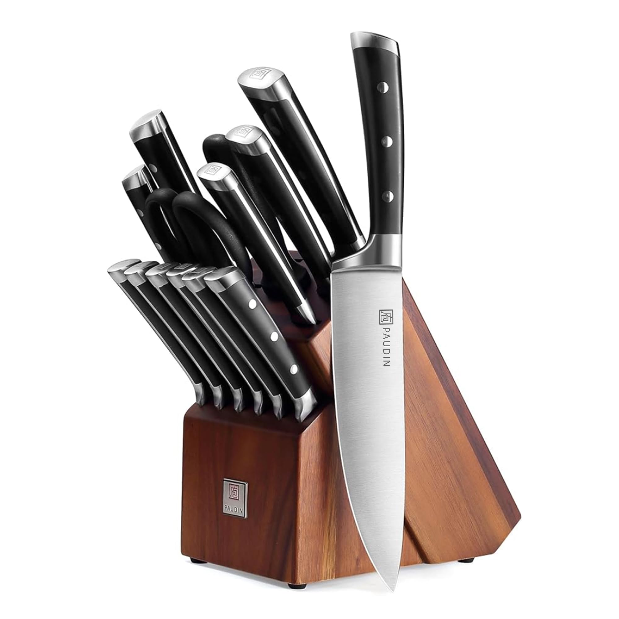 PAUDIN conjunto cuchillos 15 piezas en soporte, cocina ordenada y lista para cortar.