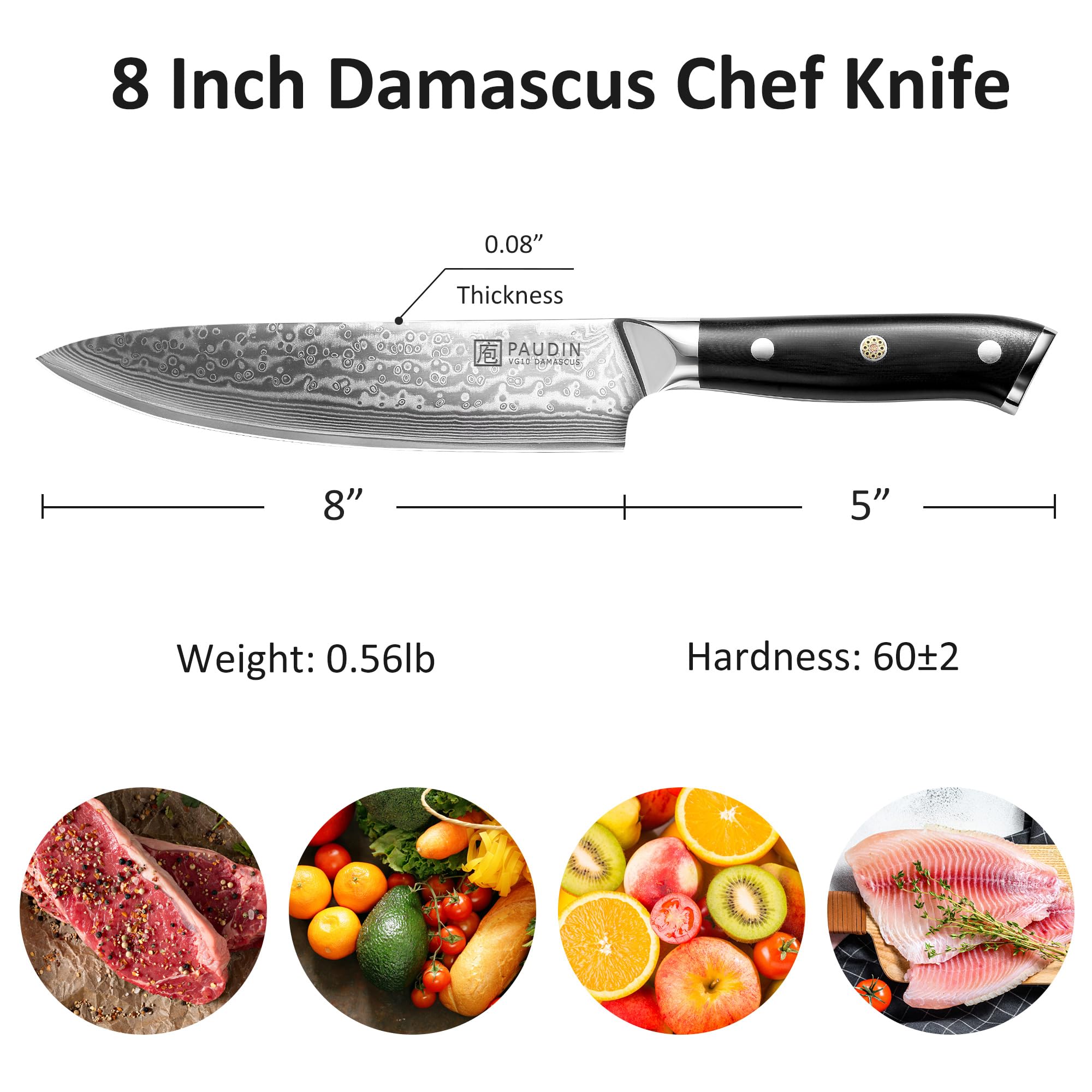 Cuchillo PAUDIN Damasceno con mango G10, agarre firme para uso prolongado.