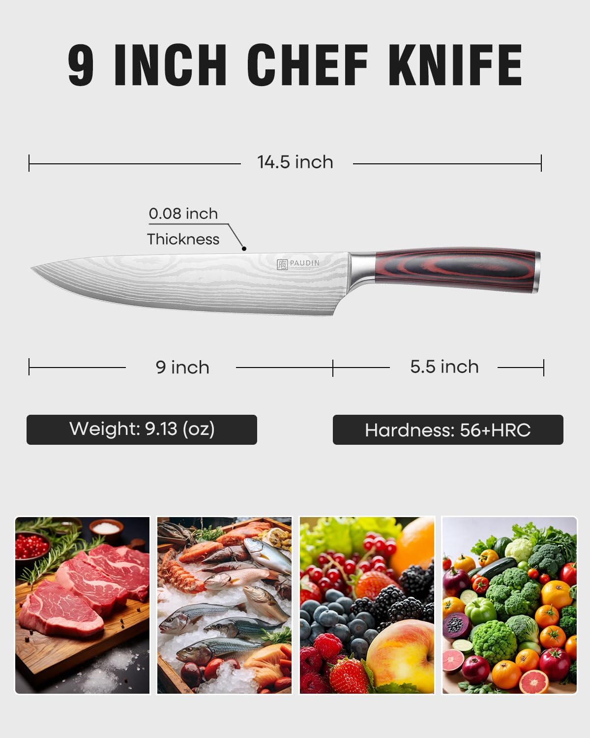 PAUDIN cuchillo de chef mango ergonómico de pakkawood para agarre cómodo