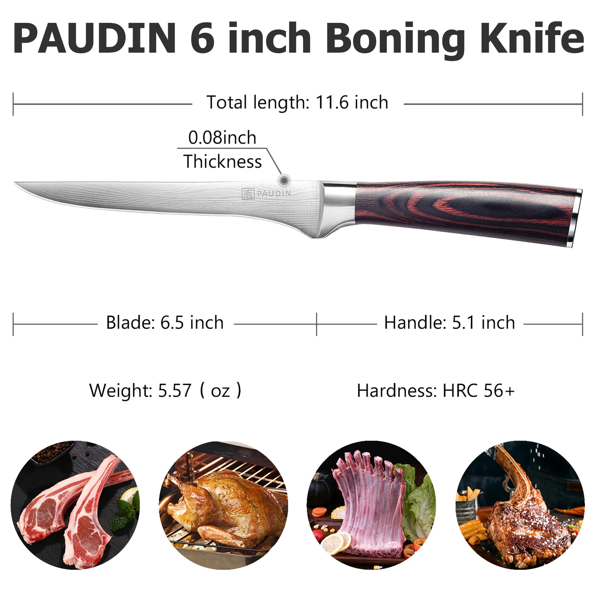 PAUDIN Cuchillo Deshuesar 6 Pulgadas, mango Pakkawood para un agarre cómodo