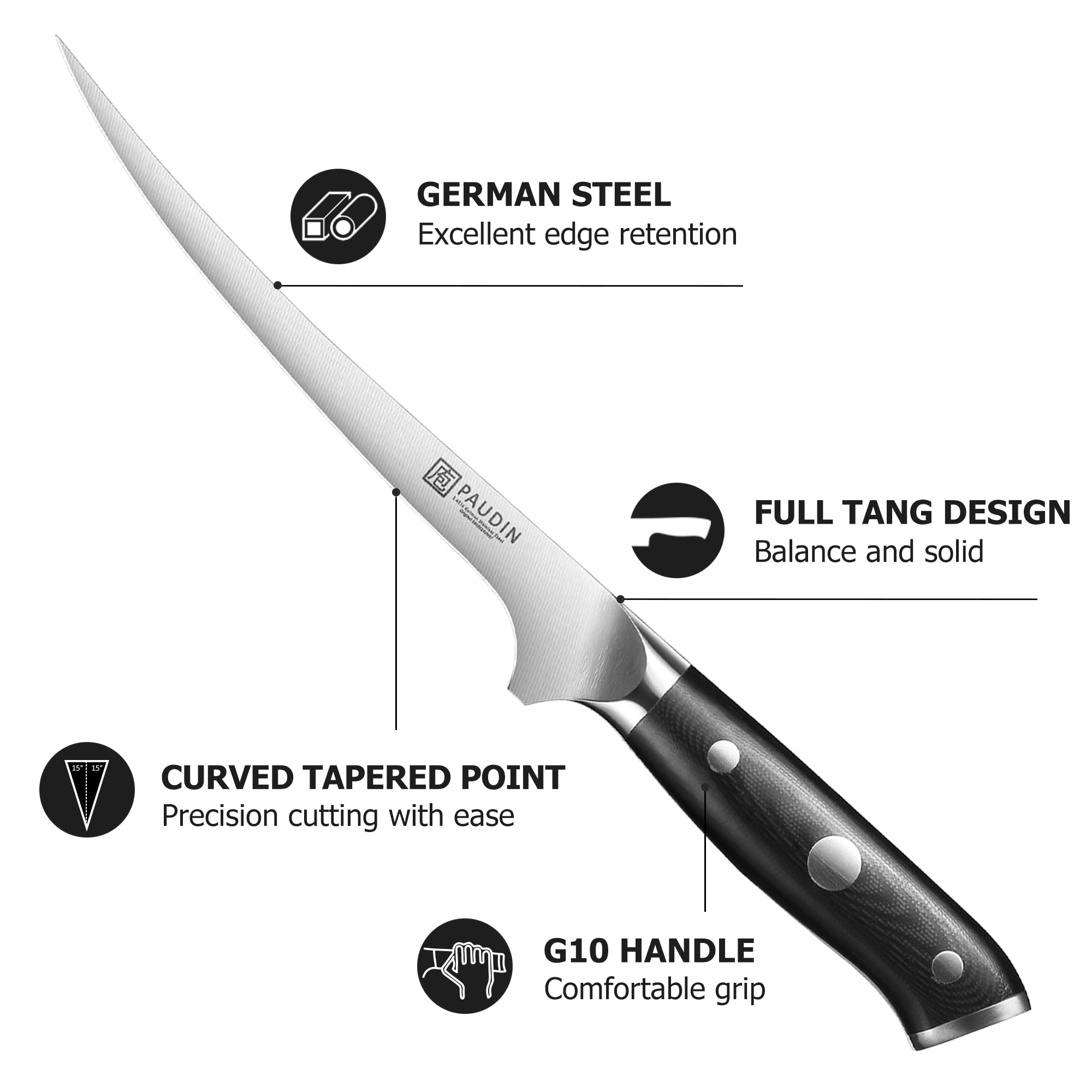 PAUDIN Cuchillo filete 7 pulgadas, mango G10 ergonómico para uso cómodo