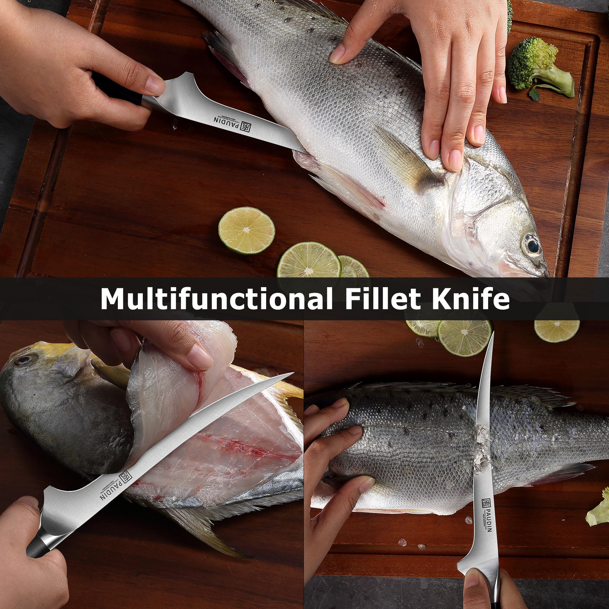 PAUDIN Cuchillo filete 7 pulgadas, tang completo con tres remaches para mayor estabilidad