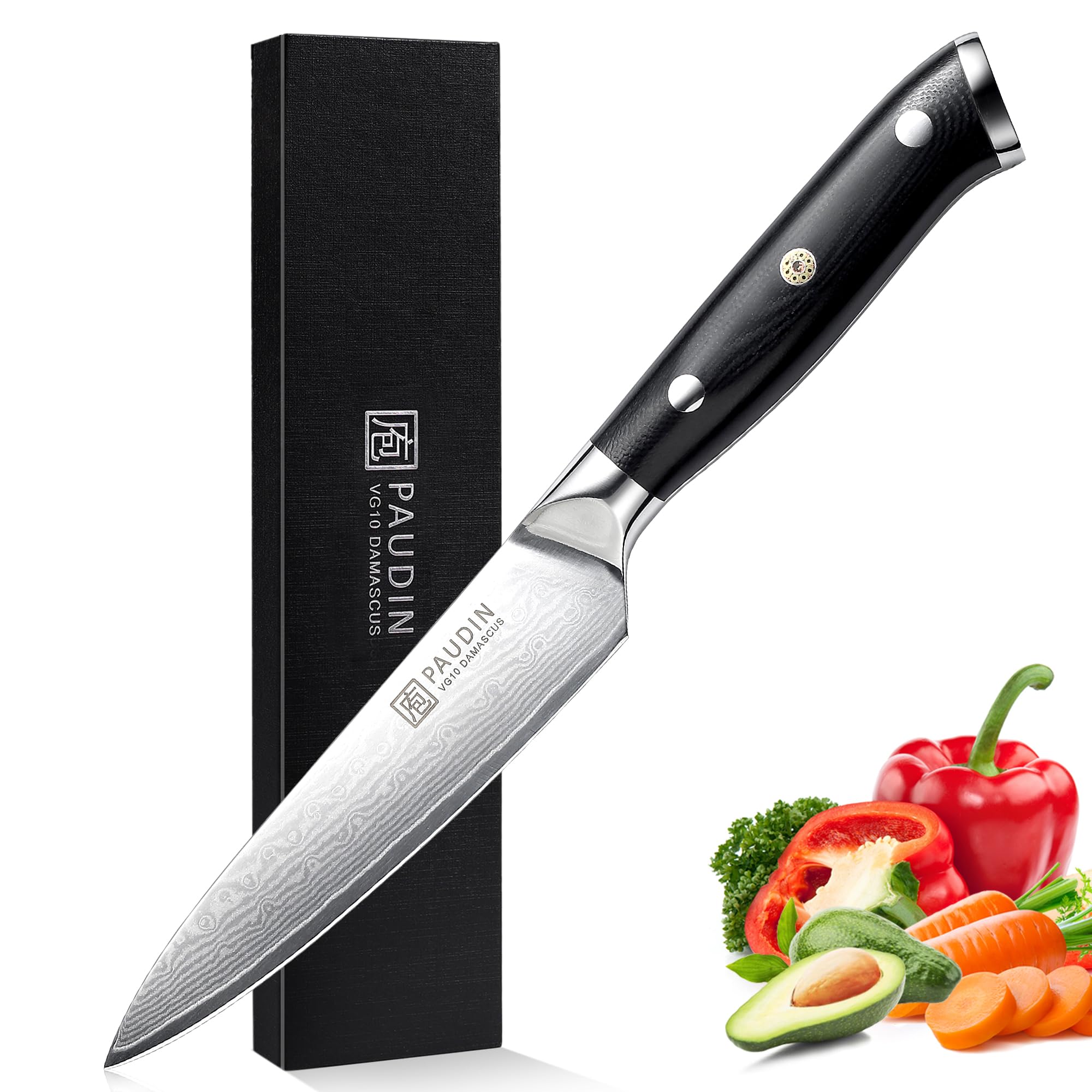 PAUDIN cuchillo de utilidad con hoja damasco para frutas, filo duradero