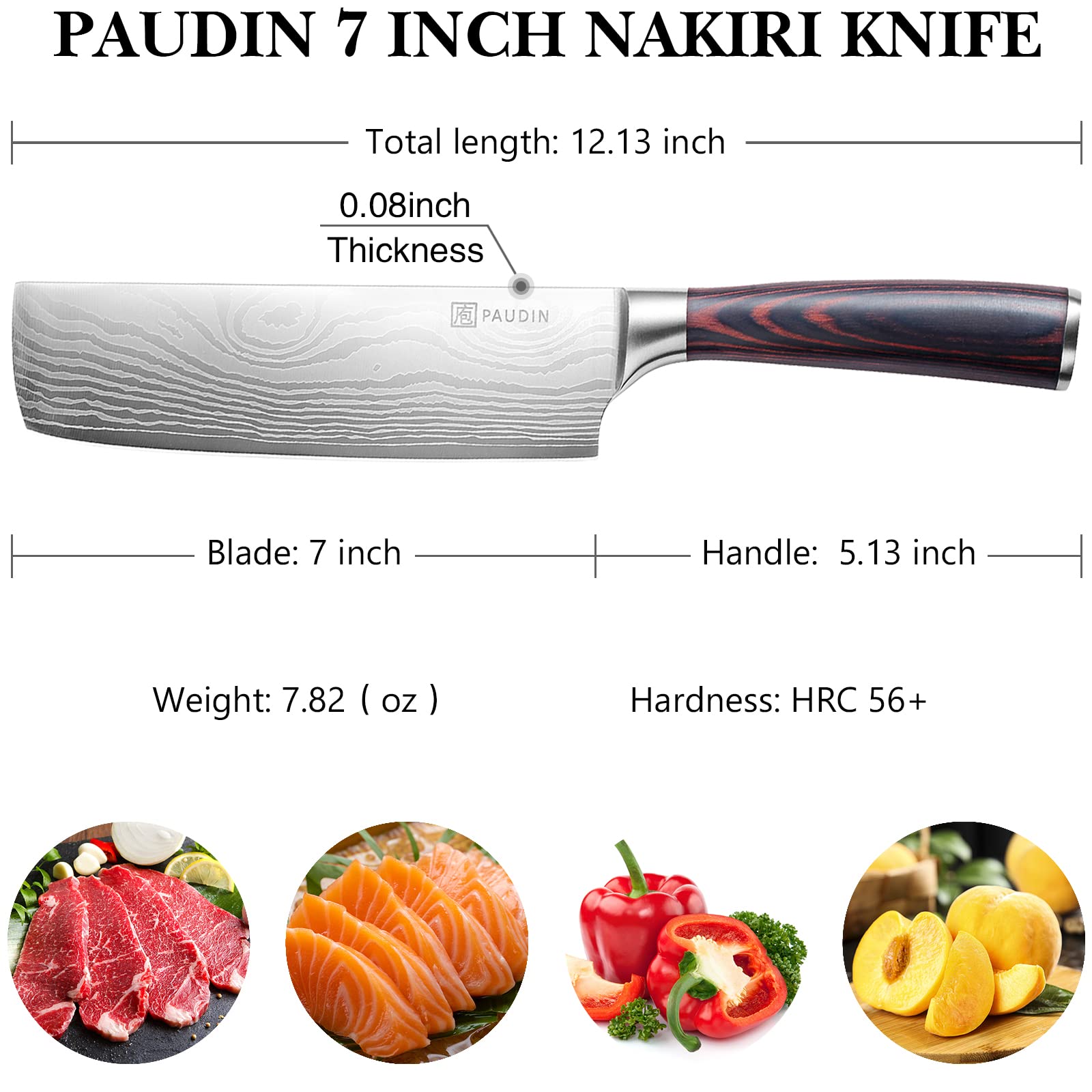 PAUDIN Nakiri 7 pulgadas, mango pakkawood ergonómico para un agarre cómodo.