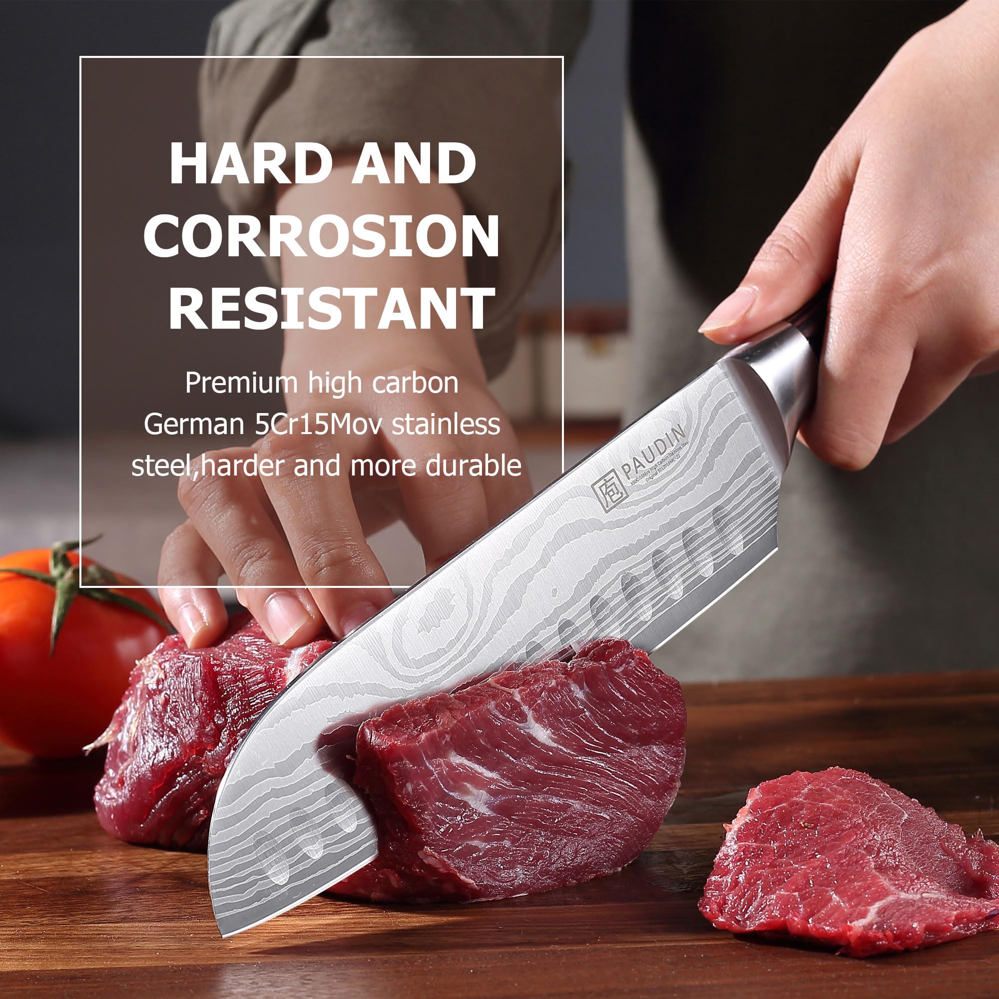 PAUDIN Santoku mango pakkawood ergonómico para un agarre cómodo