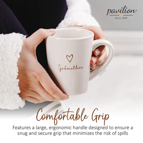 Taza Pavilion Madrina crema 15 oz, empaque listo para regalo con corazón.