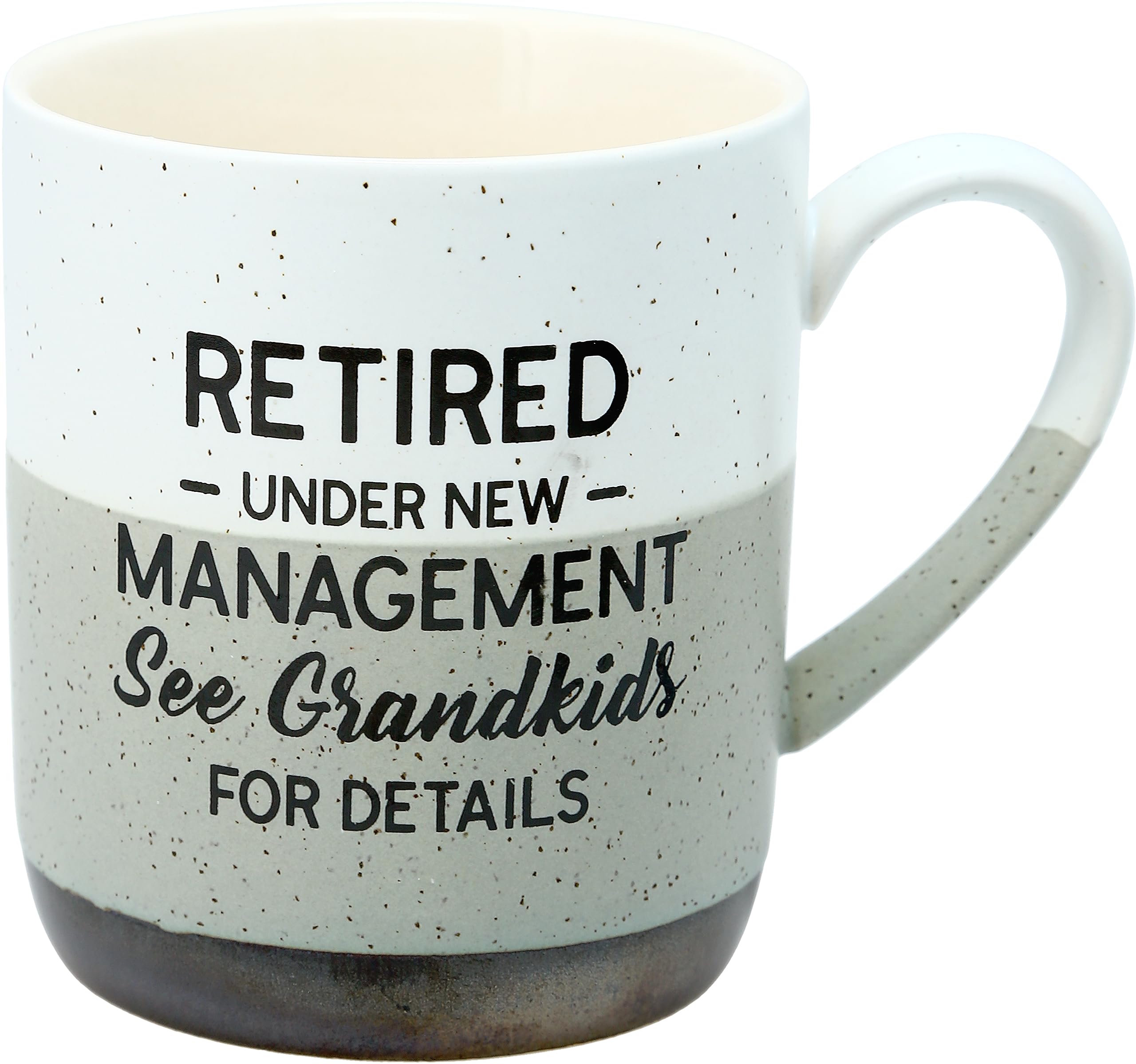 Taza Pavilion 15oz con texto frontal Jubilado Bajo Nueva Administración, ideal para café diario.