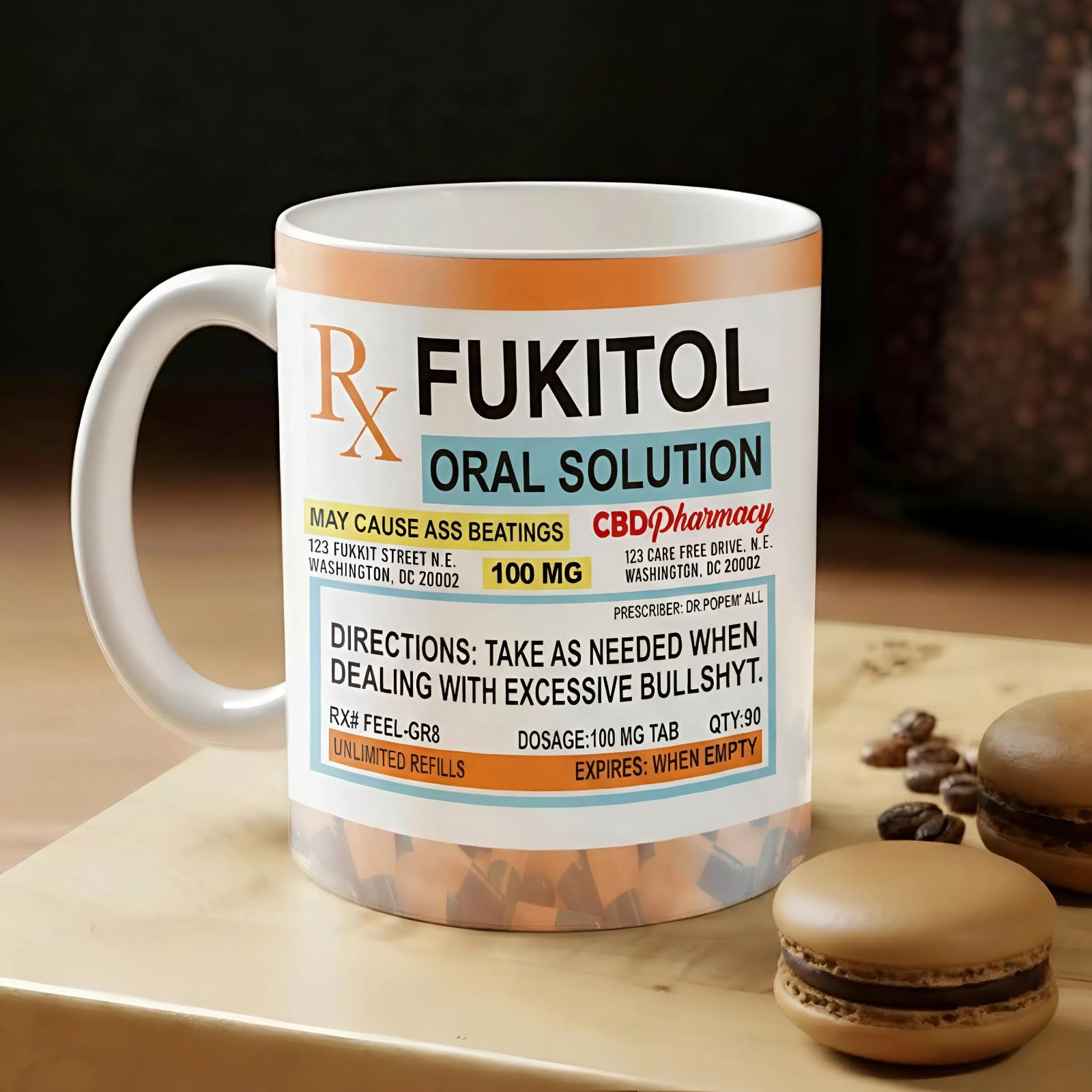 Taza Pawfect House Fukitol con prescripción, ideal para el café matutino en la oficina.