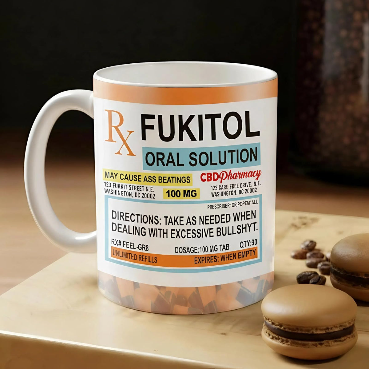 Taza Pawfect House Fukitol con prescripción, ideal para el café matutino en la oficina.