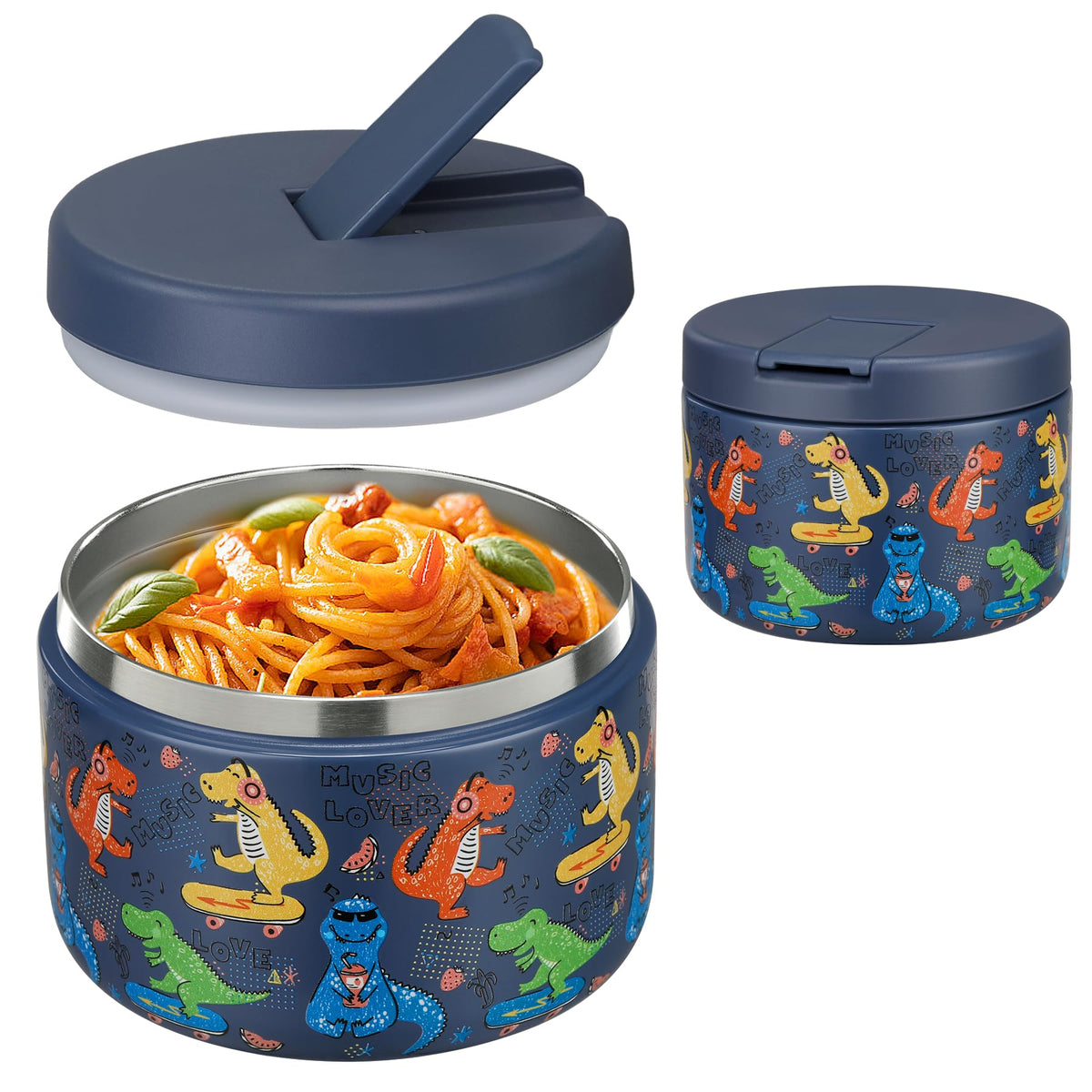 Pawtong bote de comida 12oz azul con dinosaurio mantiene la comida caliente durante horas