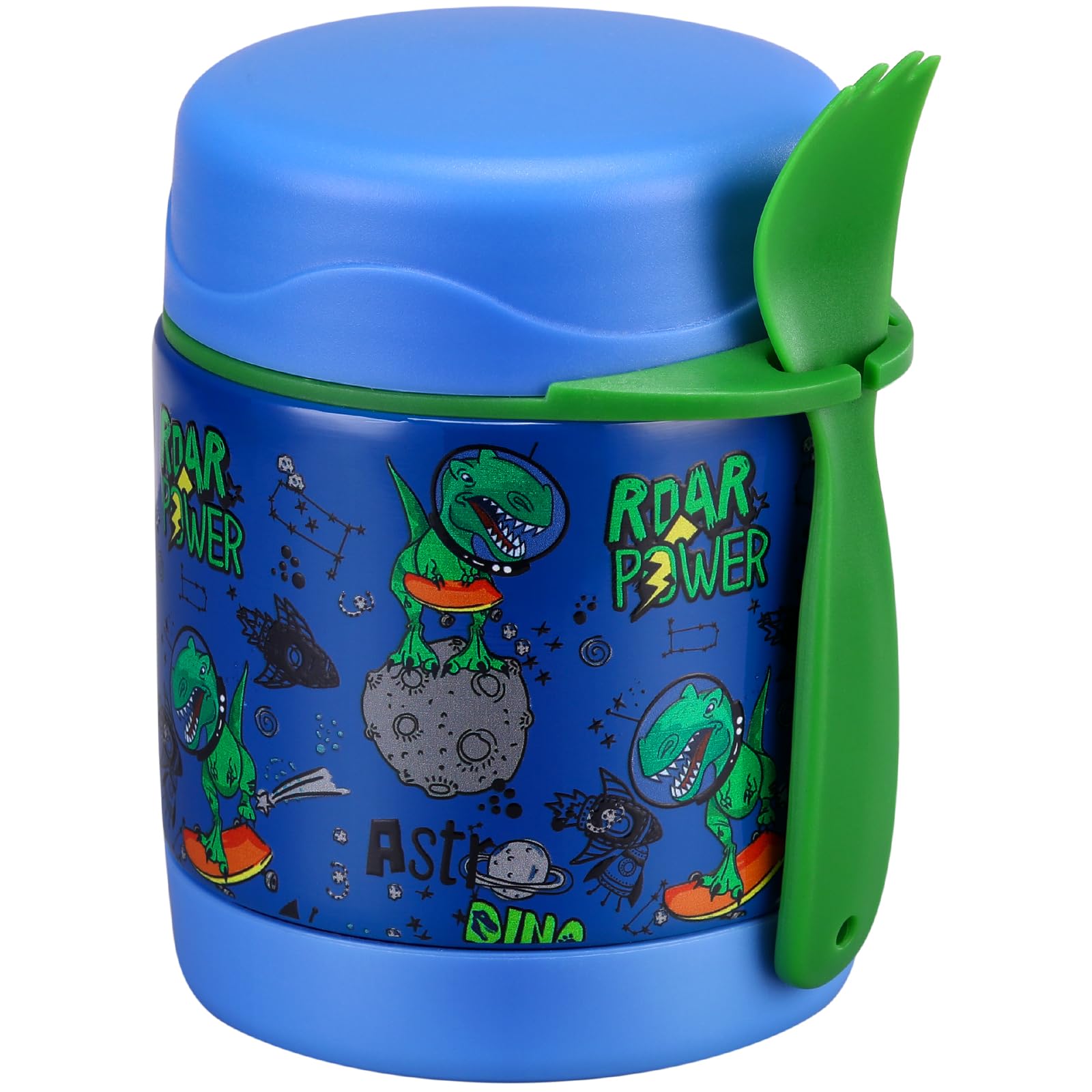 Pawtong termo-sopa 10oz con dinosaurio azul mantiene la comida caliente.