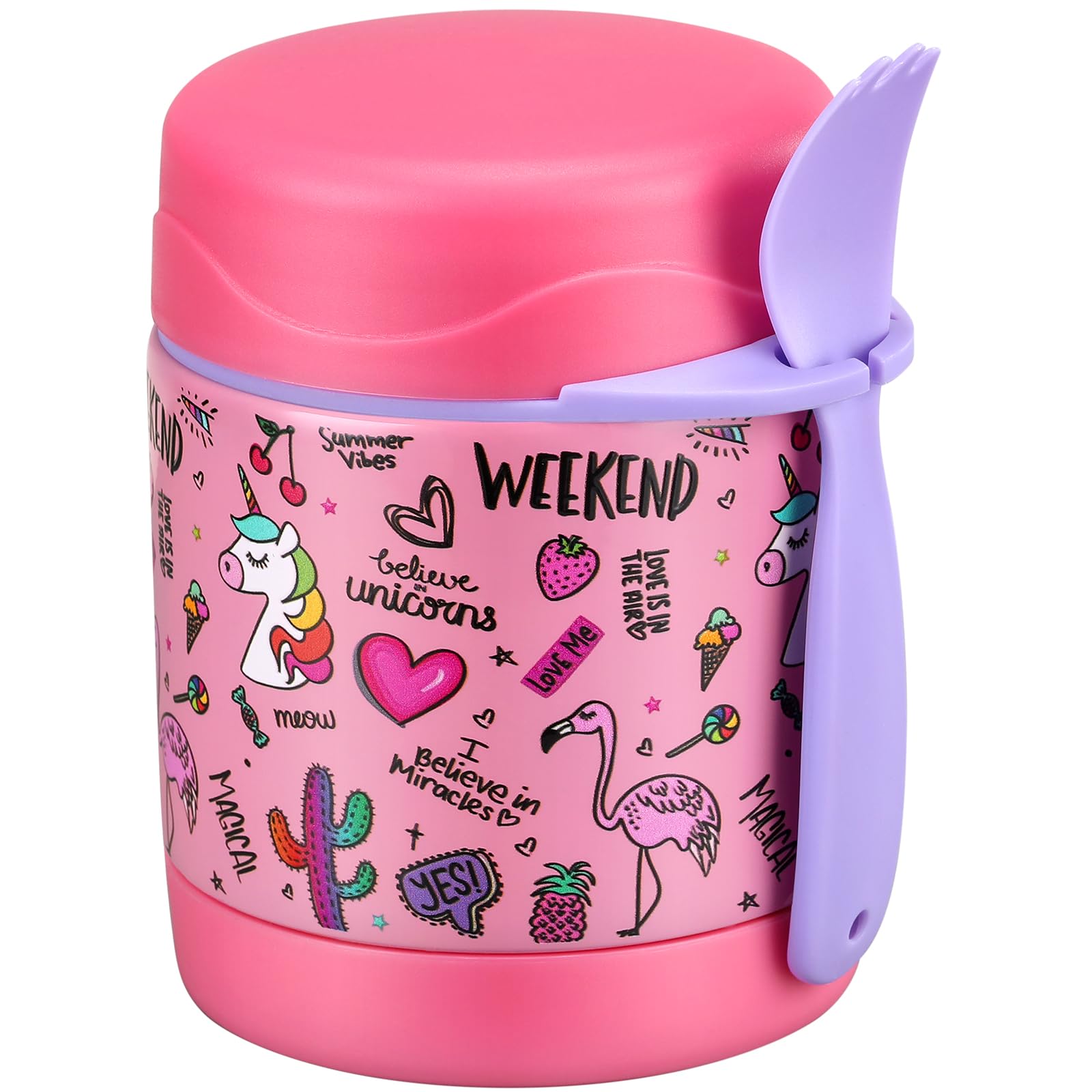 Pawtong termo-sopa 10oz rosa flamenco, tapa con cuchara para lonchera.