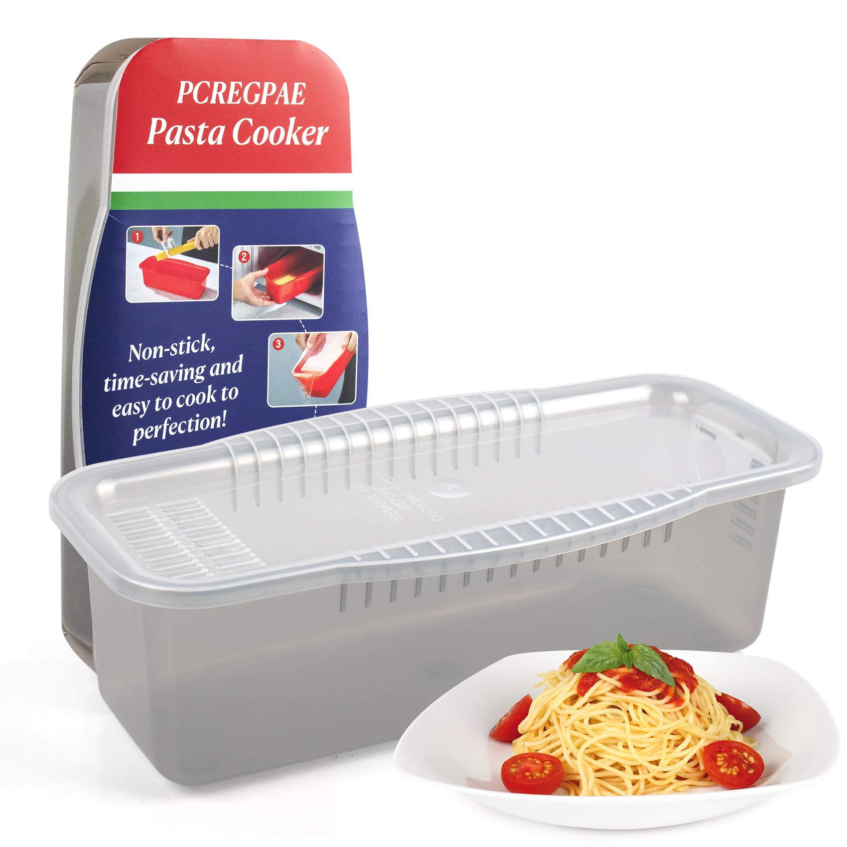 pcregpae cocedor de pasta para microondas con tapa colador y drenaje rápido.