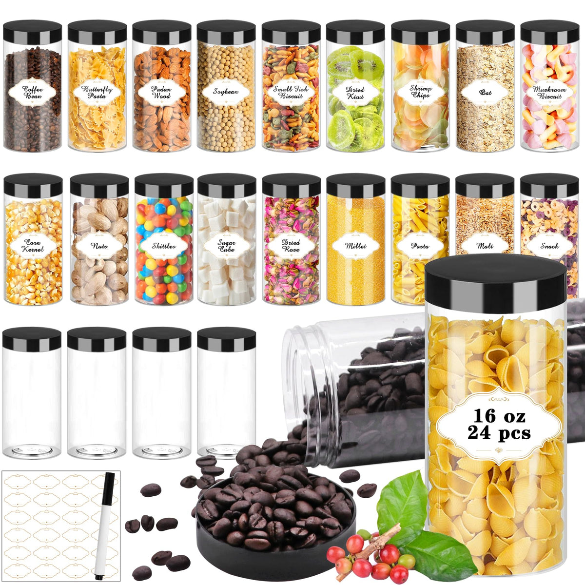 Frascos plásticos PeacePeo de 16 oz con tapas negras, ideales para almacenamiento seguro.
