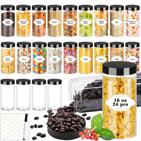 Frascos plásticos PeacePeo de 16 oz con tapas negras, ideales para almacenamiento seguro.